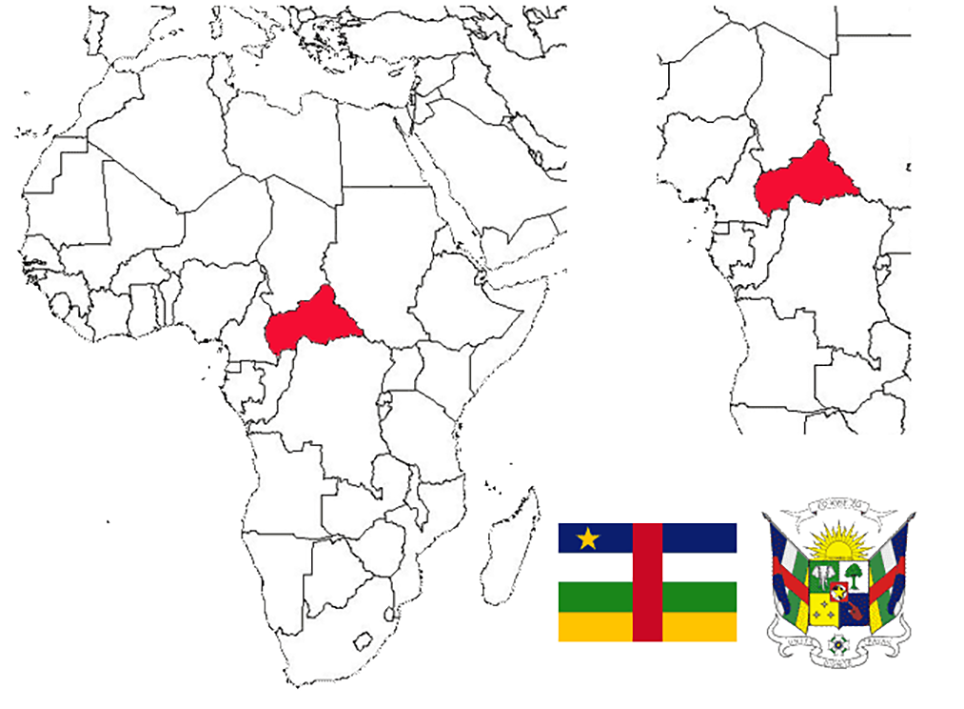image of the Central African Republic, in relation to Central Africa (right) with the flag and coat of arms inset