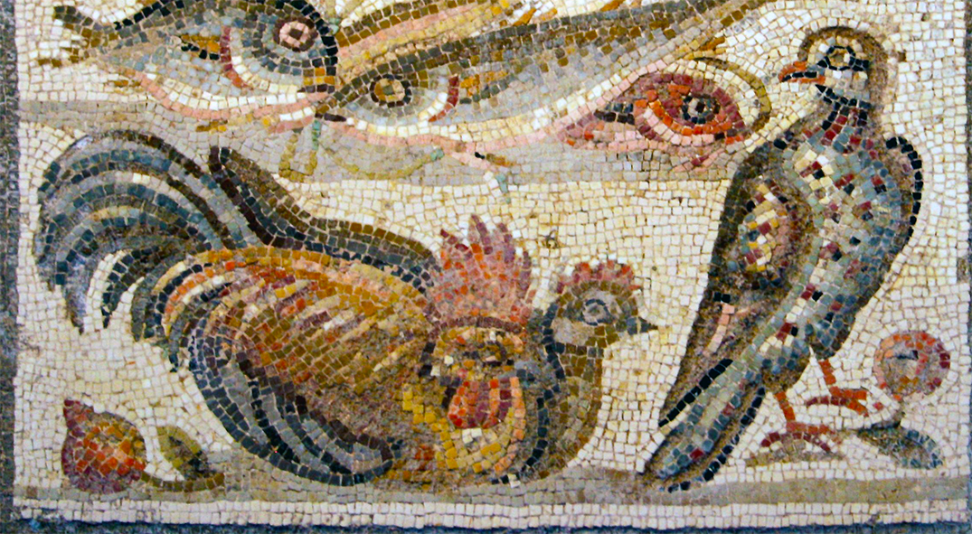 Ancient roman mural of fowl and fish.