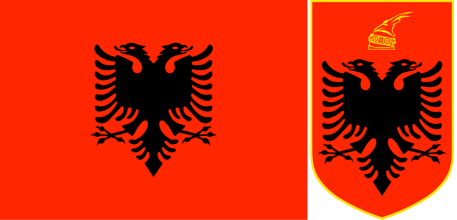 The flag and coat of arms of Albania.