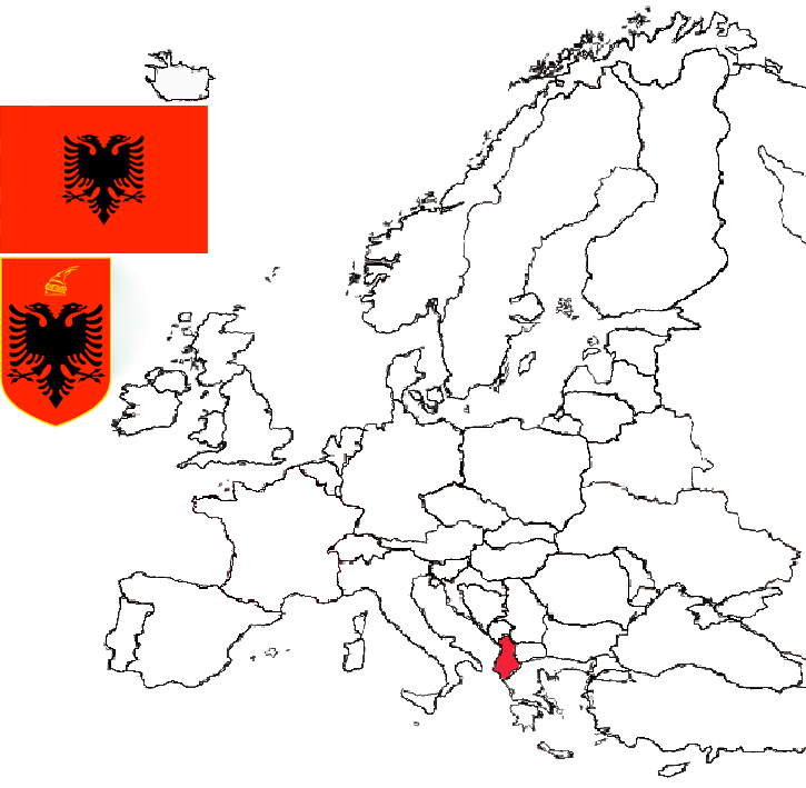 image of Greece, in relation to Europe with Greece in Red and the arms and flag of Greece inset