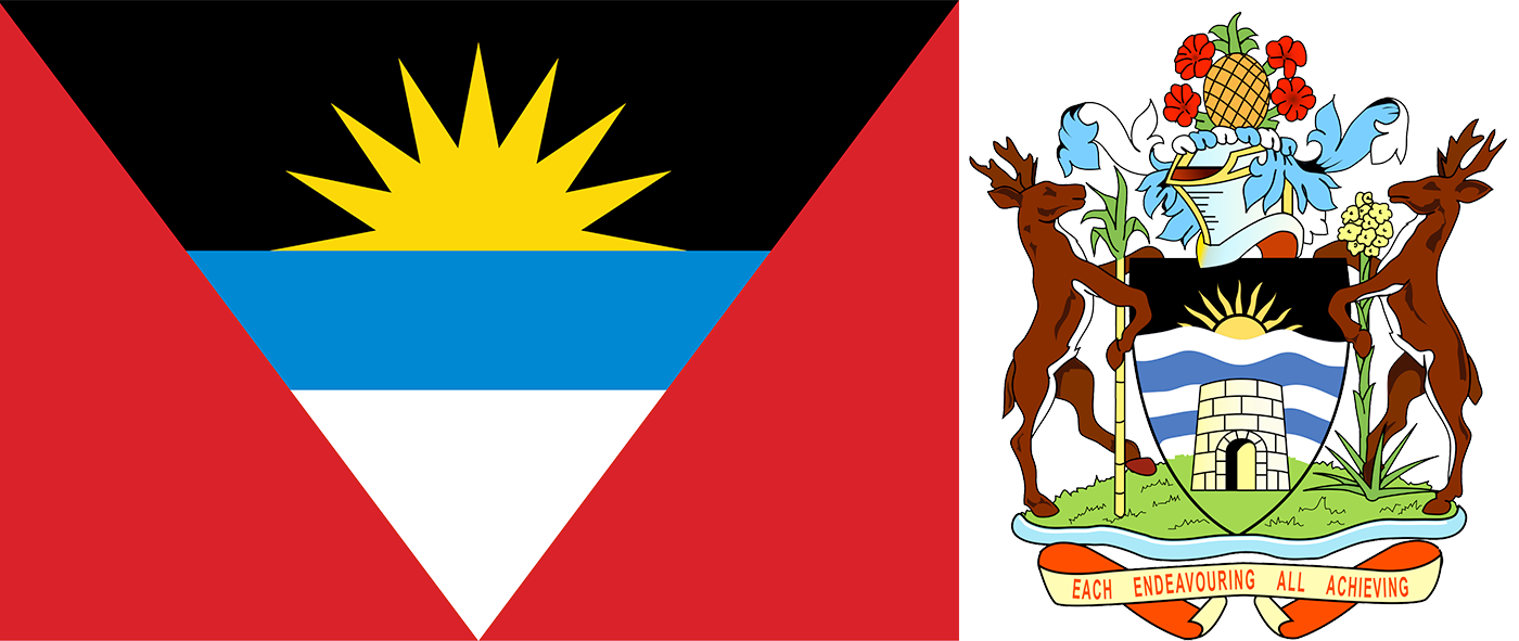 The flag and the arms of Antigua and Barbuda.