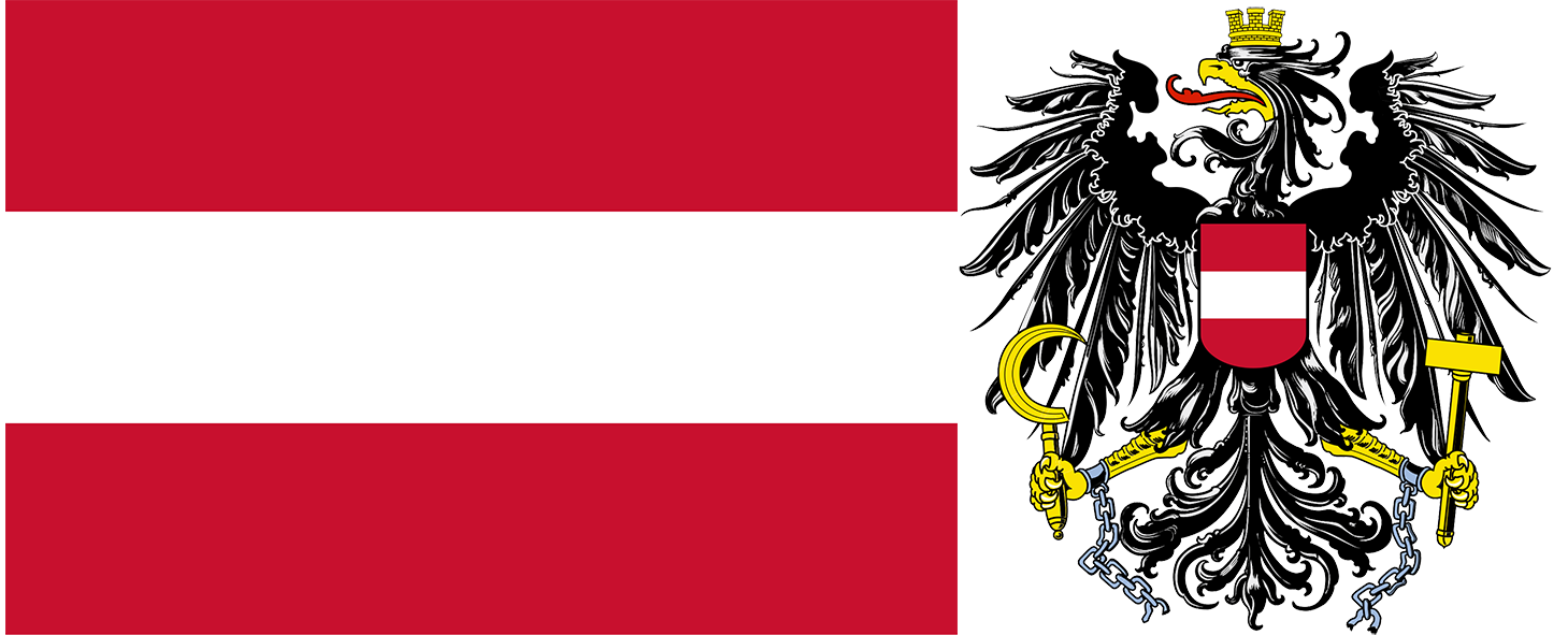 The flag and coat of arms of Austria.