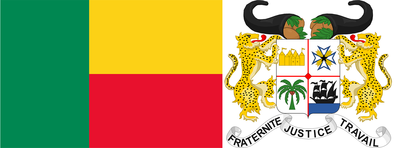 The flag and coat of arms of Benin.