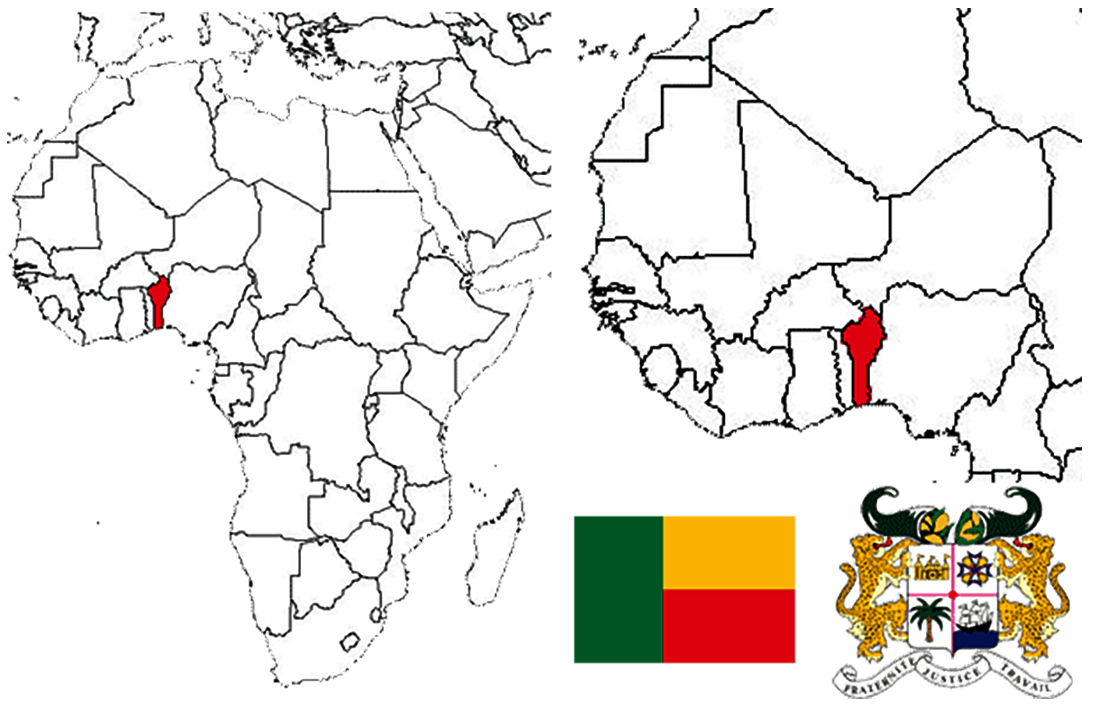 image of Benin, in relation to Africa (left) and West Africa (right).