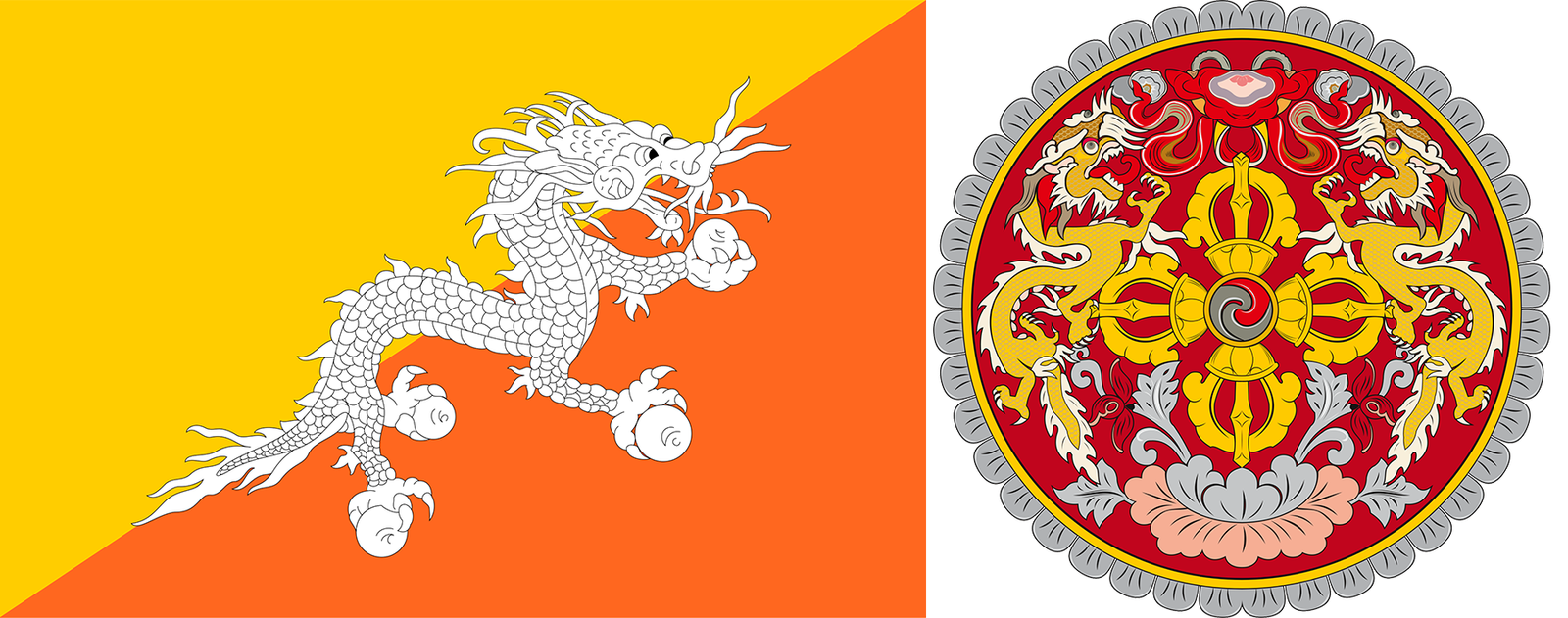 The flag and emblem of Bhutan.