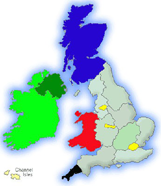 image of Britain with regions and Nations marked.