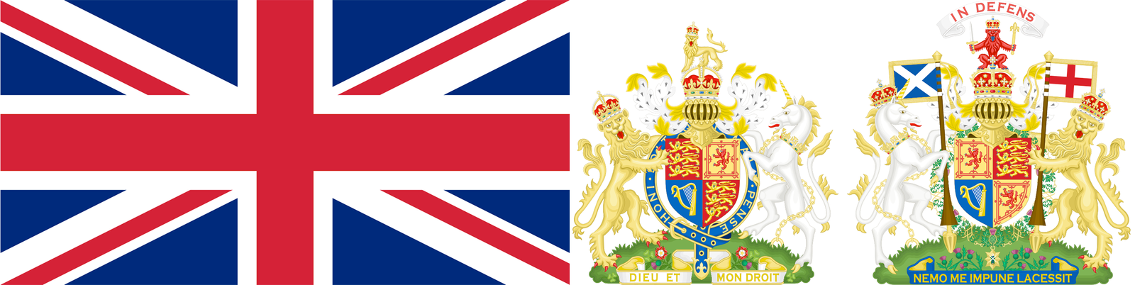 The flag and coat of arms of the United Kingdom.