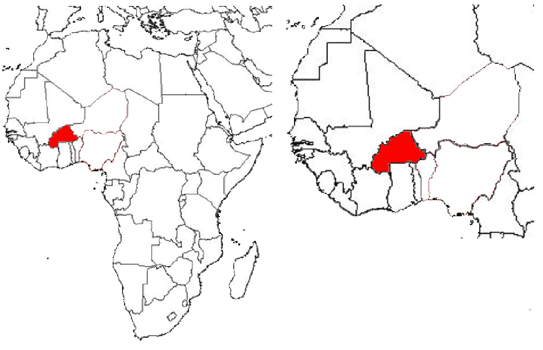 image of Burkina Faso, in relation to Africa (left) and West Africa (right).