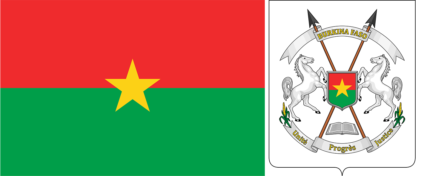 The flag and coat of arms of Burkina Faso.