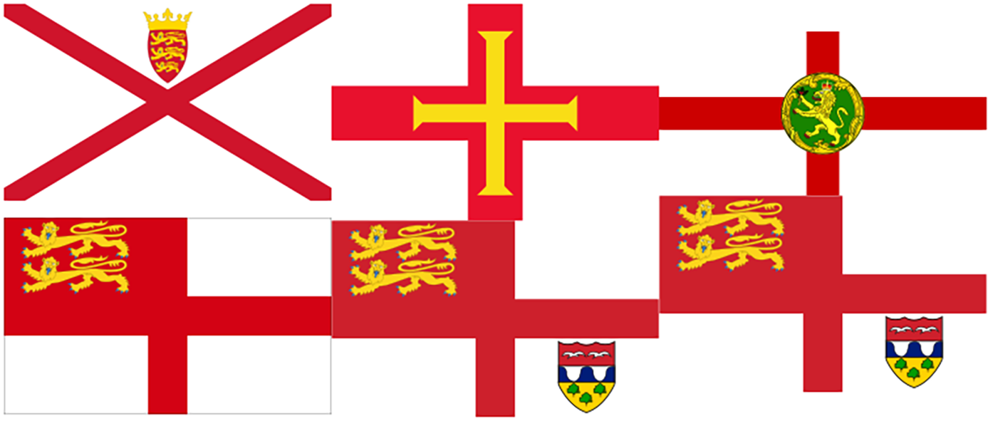 The flags of the major channel islands: Jersey, Guernsey, Alderney, Brecqhou, Herm and Sark.