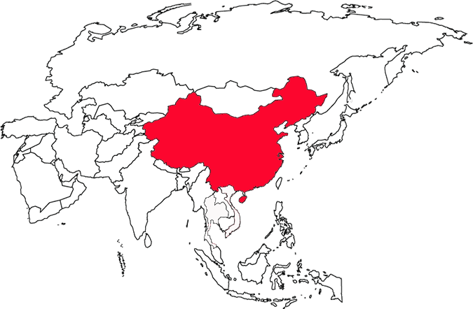 Location of China in Asia.