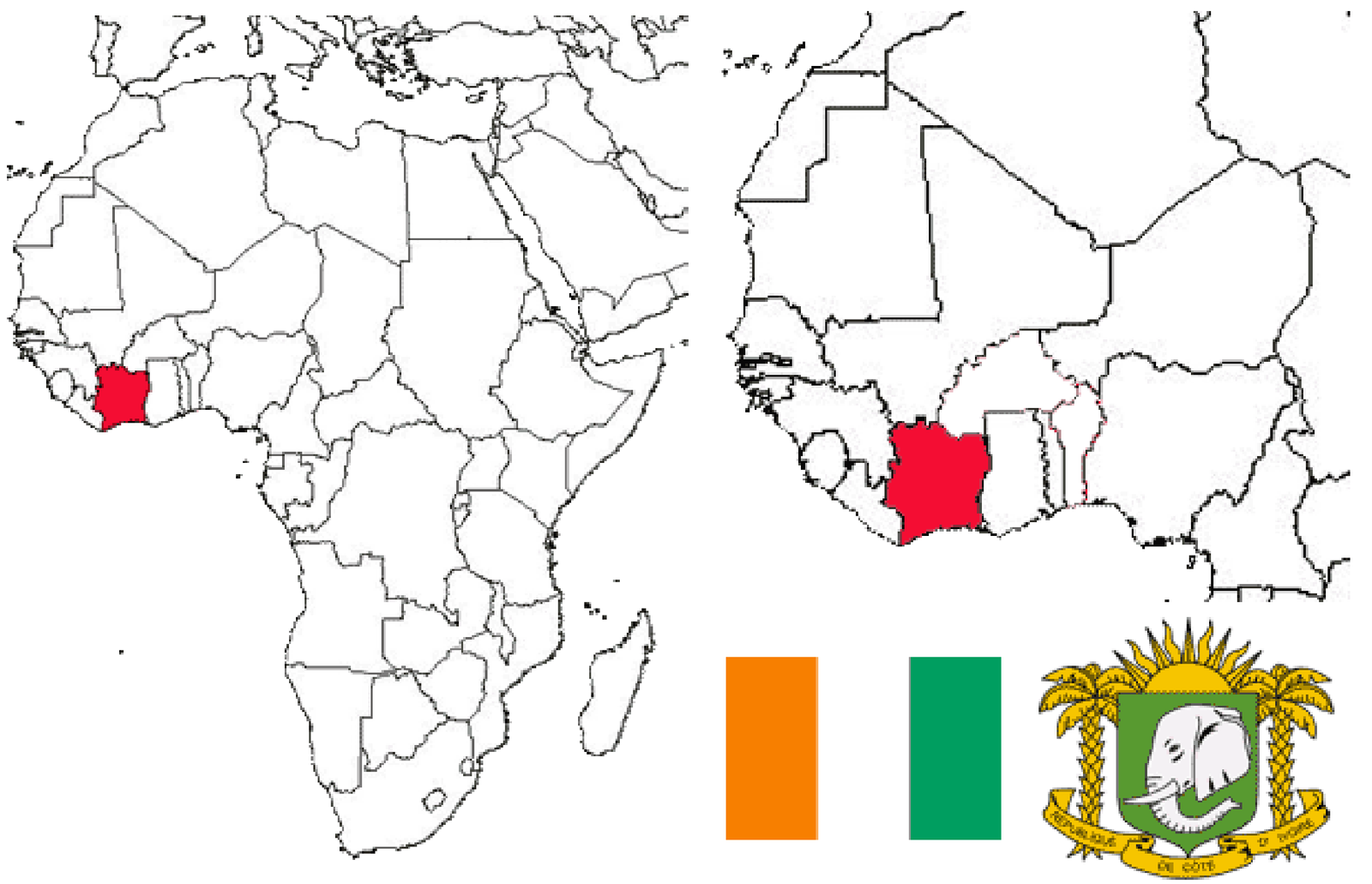 image of Côte d'Ivoire, in relation to Africa (left) and West Africa (right) with the flag and coat of arms inset
