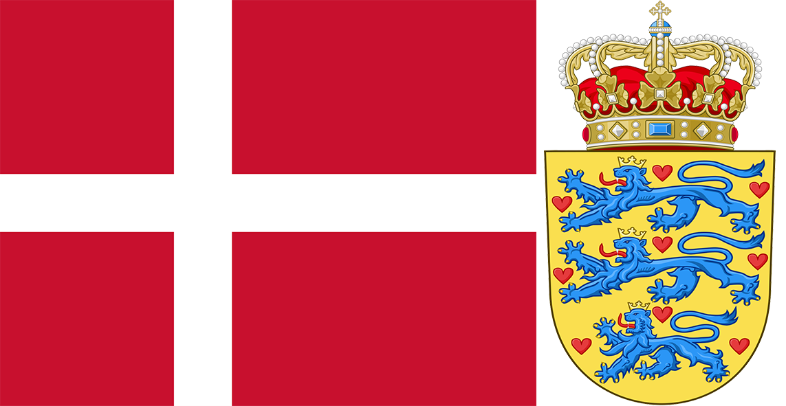 The flag and coat of arms of Denmark.