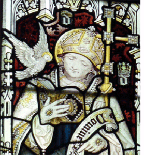 Stained glass image of Dewi Sant (St David).