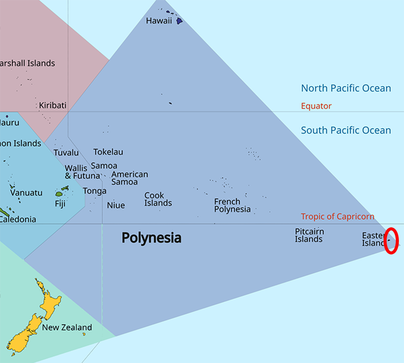image of the Easter Island, in relation to Polynesia with Easter Island circled.