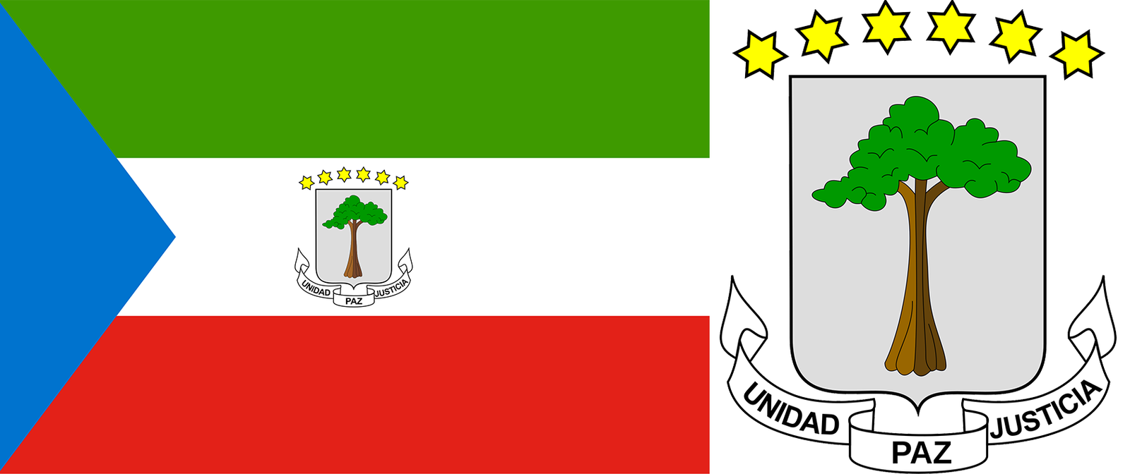 The flag and coat of arms of Equatorial Guinea.