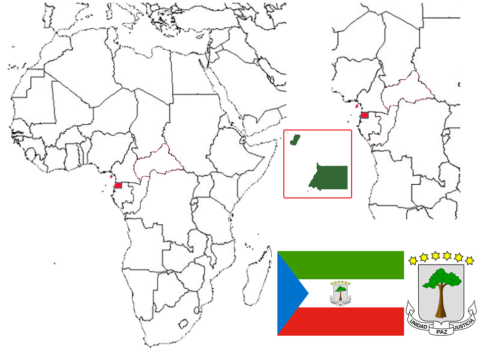 image of Equatorial Guinea, in relation to Central Africa (right) with the flag and coat of arms inset