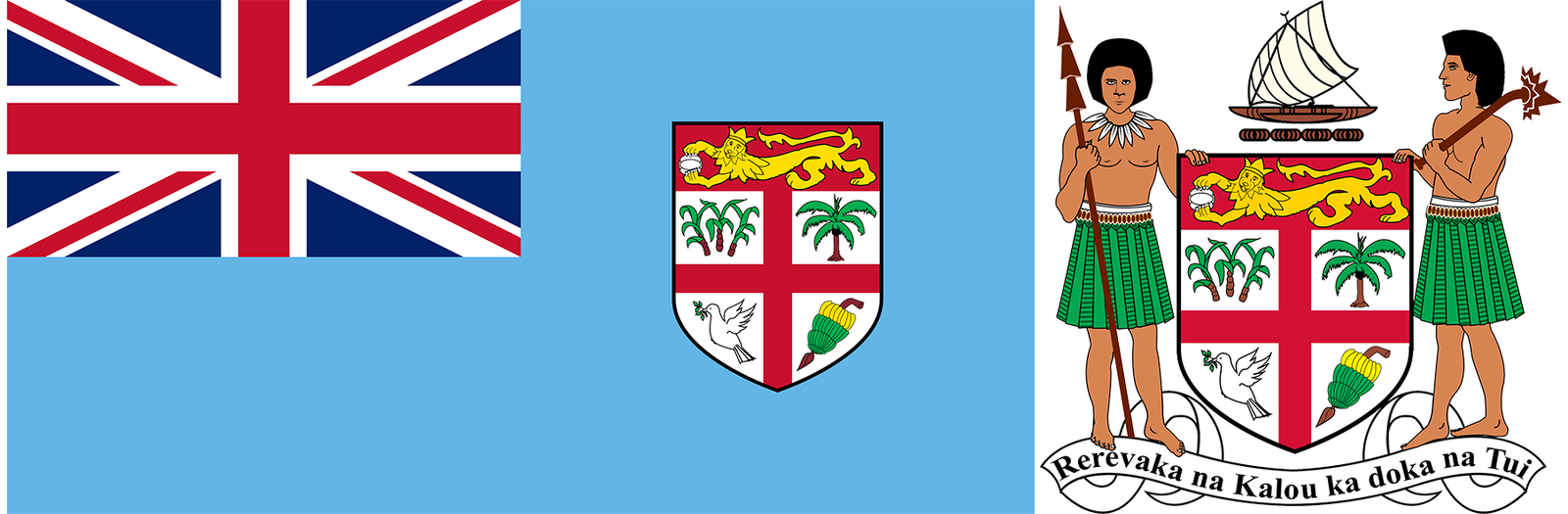 The flag and coat of arms of Fiji.