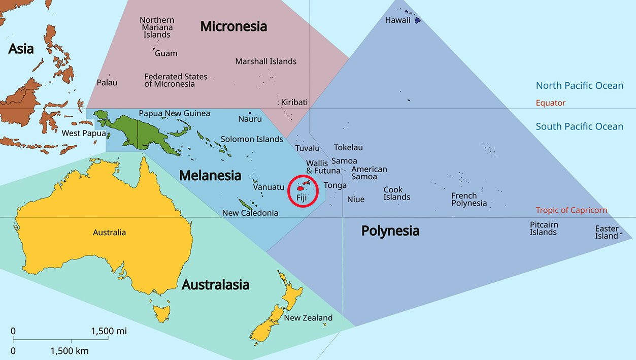 image of Fiji, in relation to Oceania with Fiji in Red.