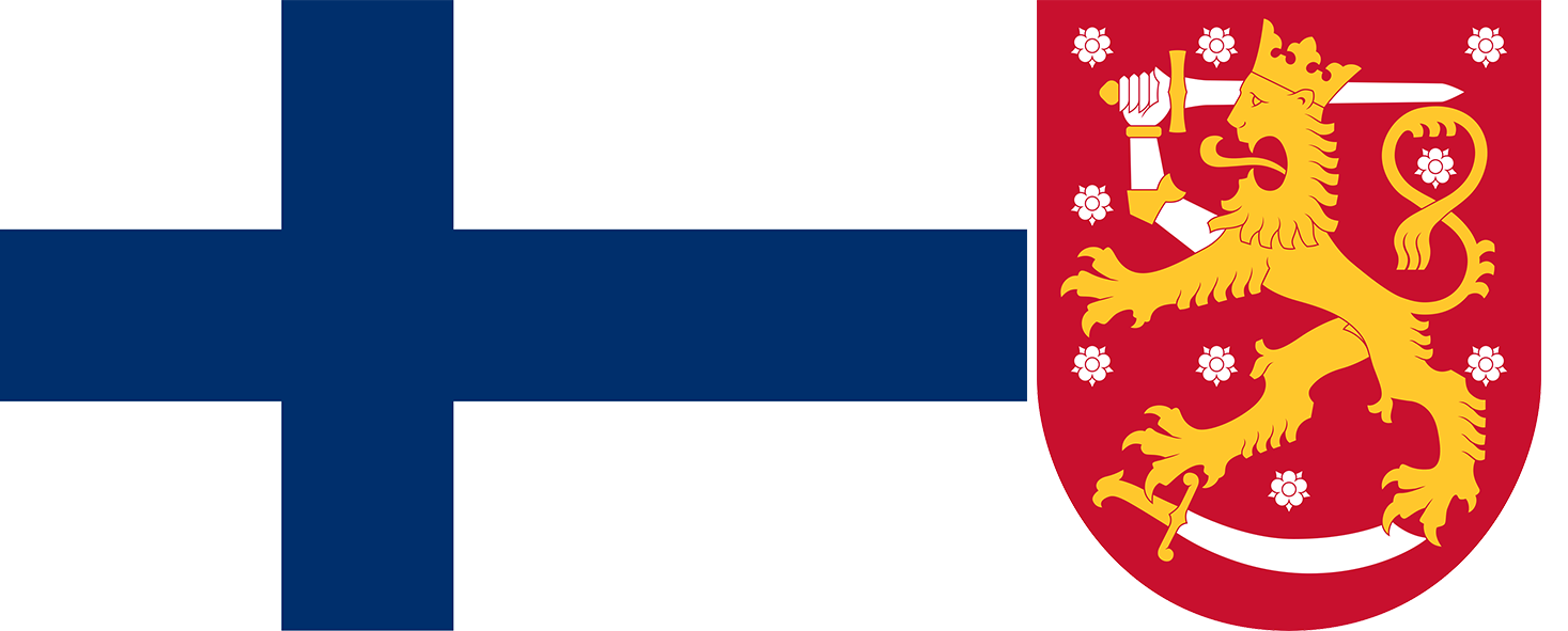 The flag and coat of arms of Finland.