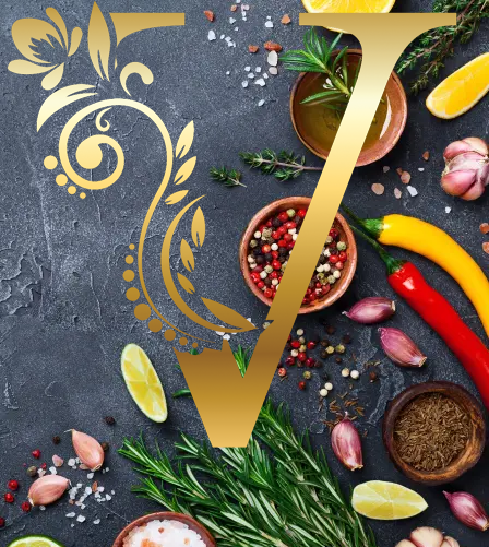 Decorative capital V on background.