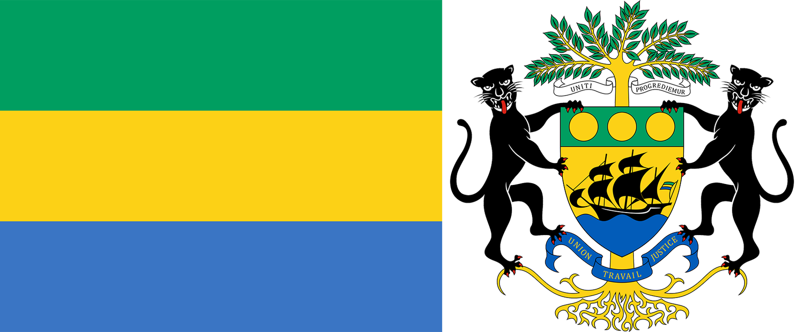 The flag and coat of arms of Gabon.