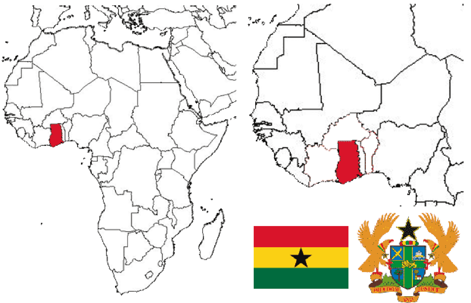 image of Ghana, in relation to Africa<br/>(left) and West Africa (right) with the flag and coat of arms inset