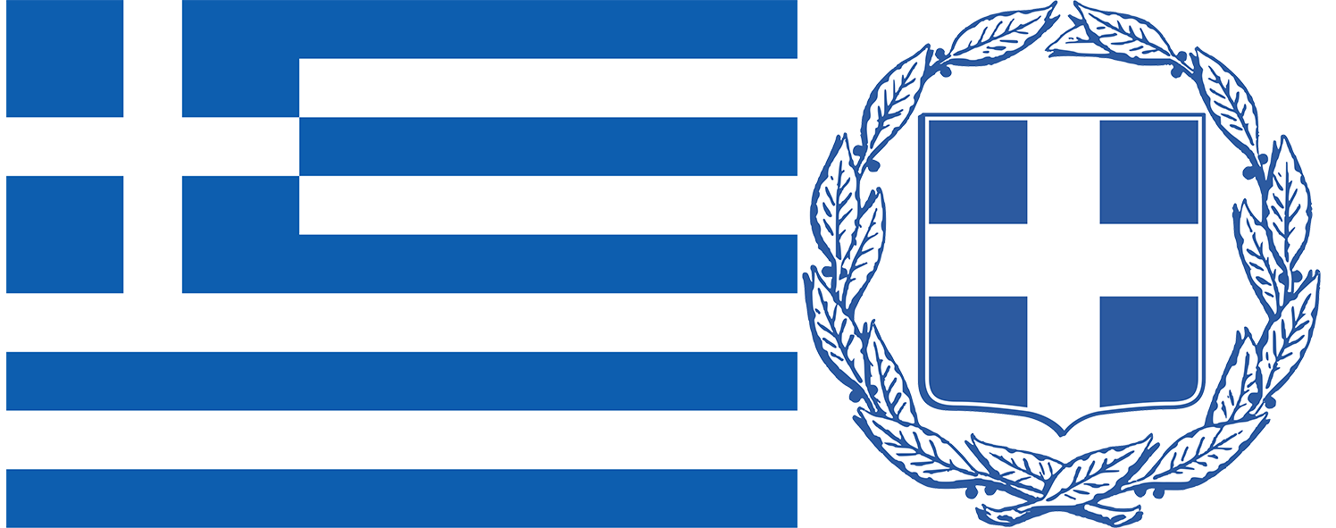 The flag and coat of arms of Greece.