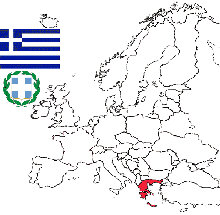image of Greece, in relation to Europe with Greece in Red and the arms and flag of Greece inset