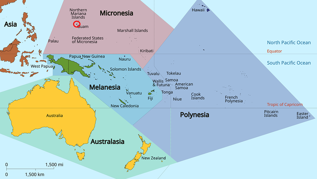 image of Guam, in relation to Oceania with Guam in Red.