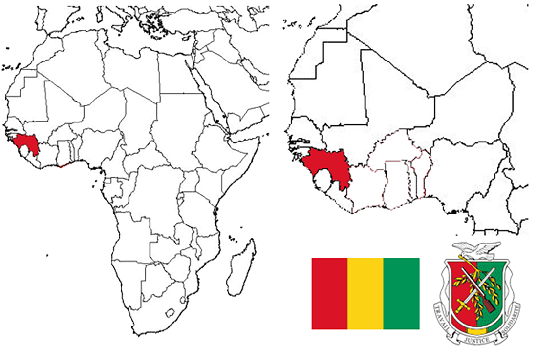 image of Guinea (Guinea-Conakry), in relation to Africa (left) and West Africa (right) with the flag and coat of arms inset