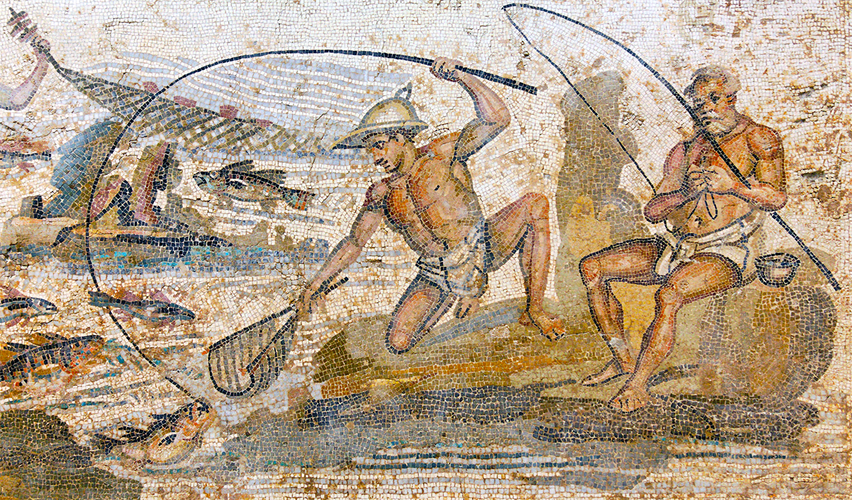 Ancient roman mural of fishermen.