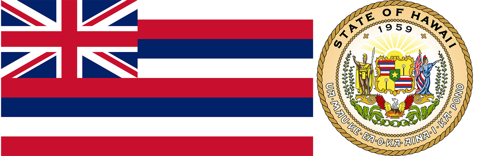 The flag and coat of arms of Hawaii.