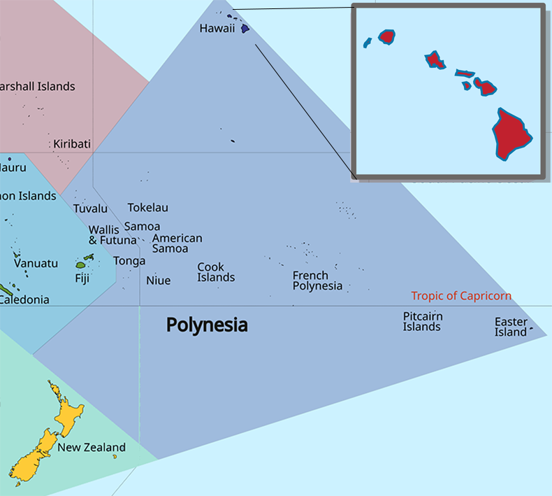 image of Hawaii, in relation to Oceania with Hawaii expanded.