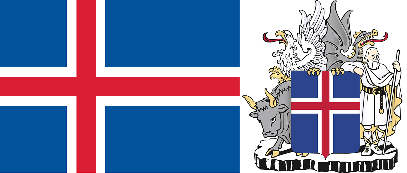 The flag and coat of arms of Iceland.