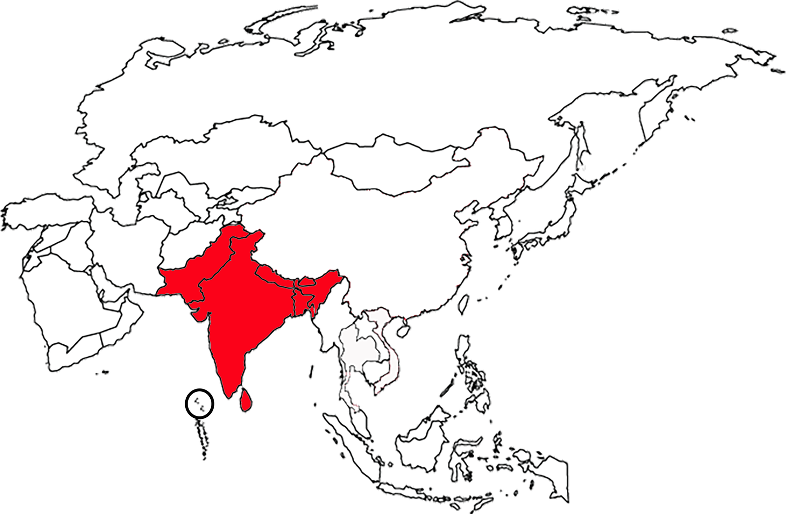 The Indian Subcontinent on a map of Asia.