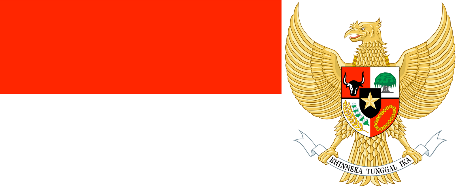 The flag and national emblem of Indonesia.