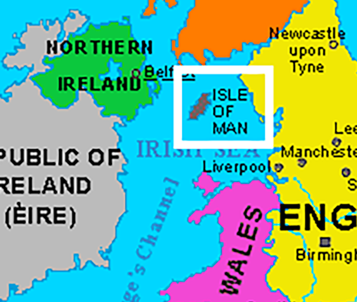 Location of the Isle of Man in respect to the British Isles.