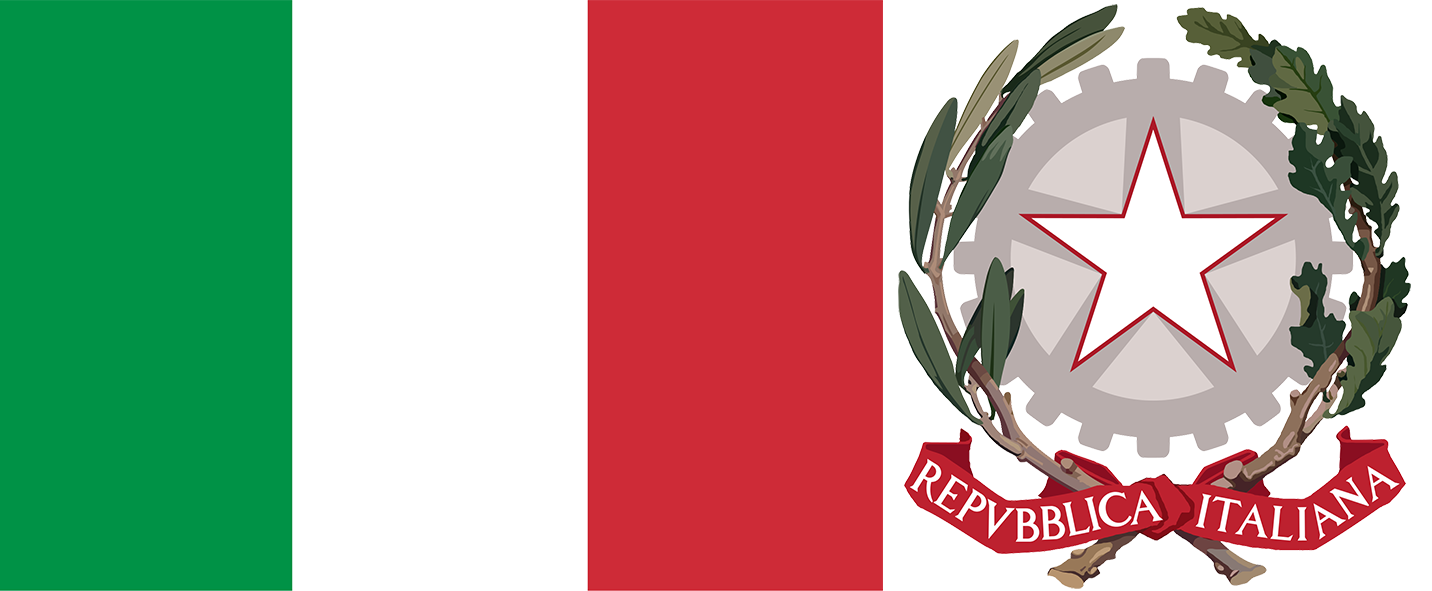 The flag and coat of arms of Italy.
