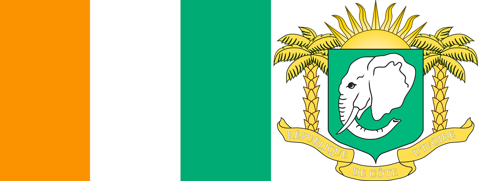 The flag and coat of arms of Côte d'Ivoire.