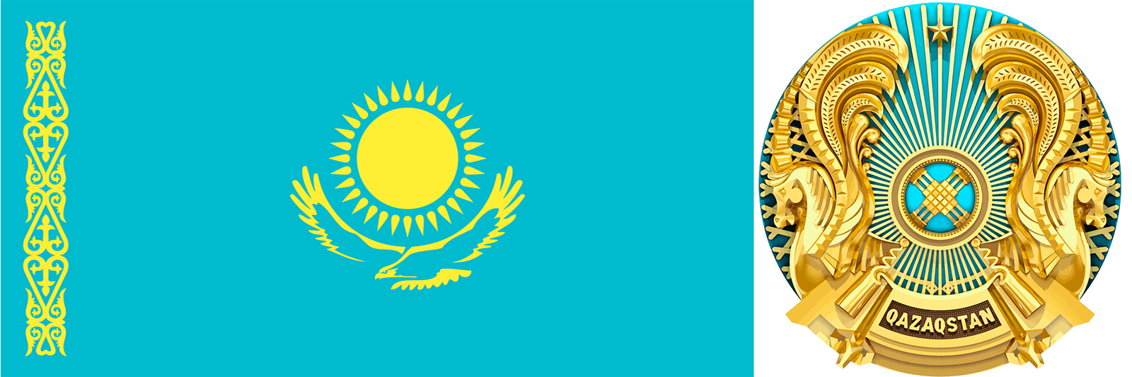 The flag and emblem of Kazakhstan.