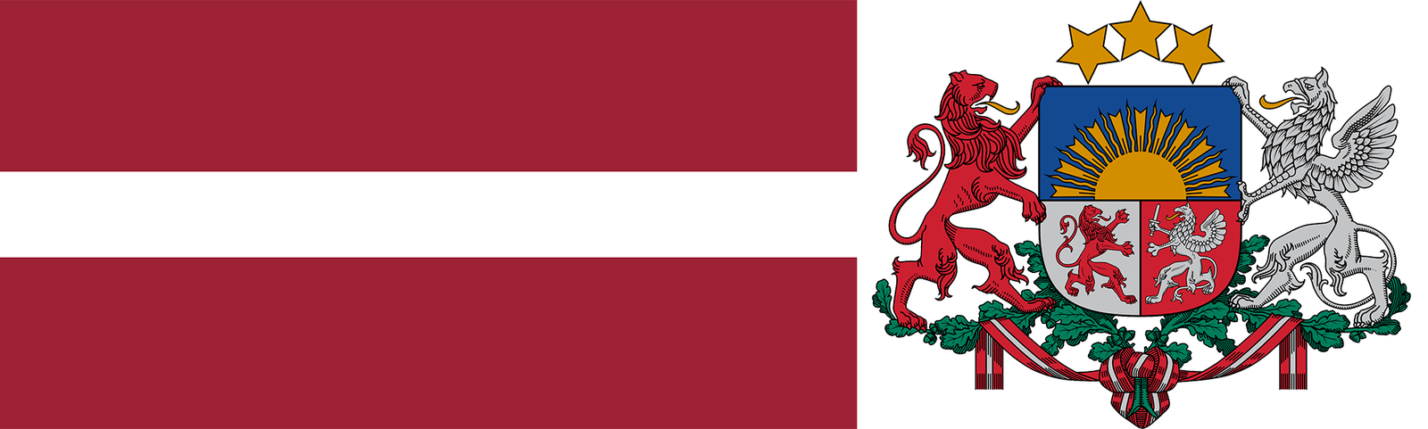 The flag and coat of arms of Latvia.
