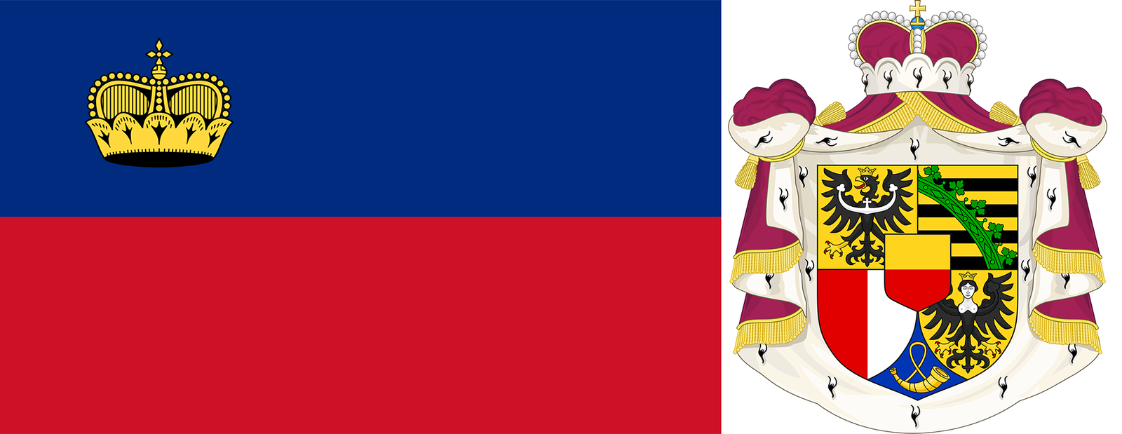 The flag and coat of arms of Liechtenstein.