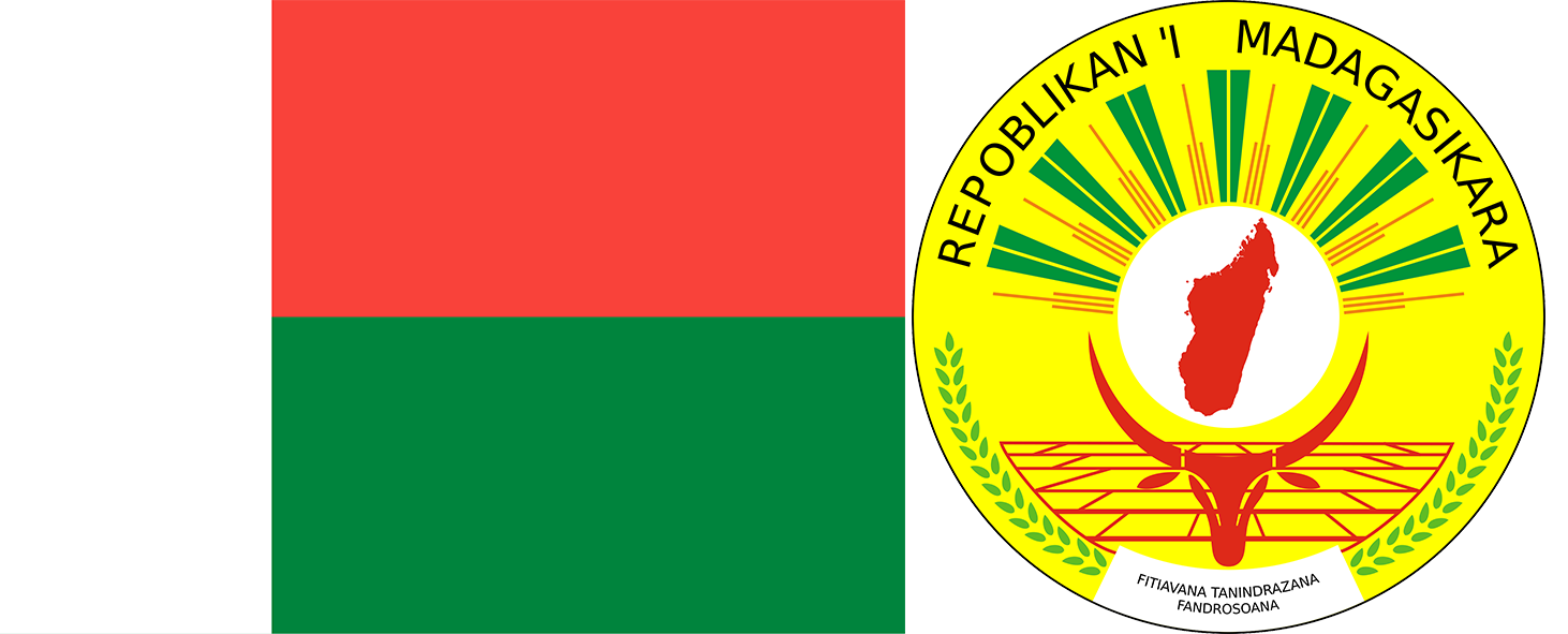 The flag and coat of arms of Madagascar.