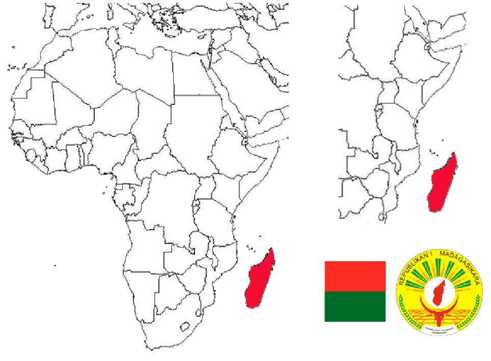 image of Madagascar, in relation to Africa and East Africa with Madagascar in Red.
