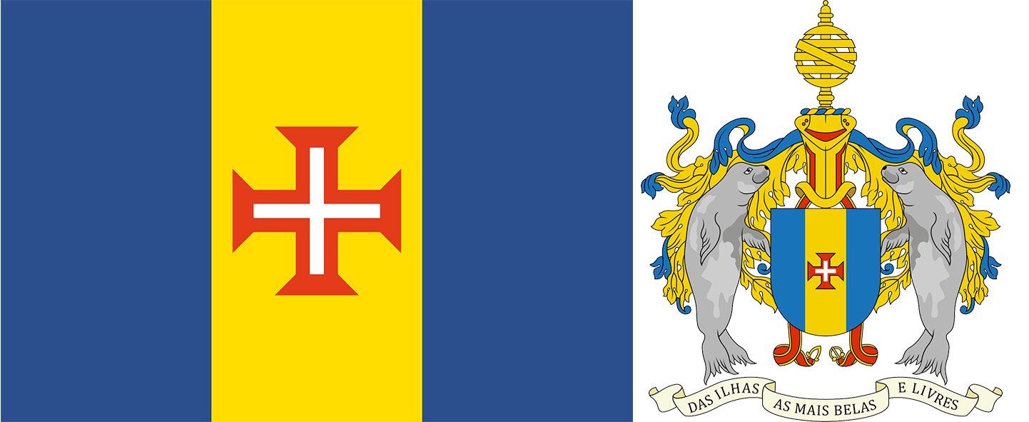 The flag and coat of arms of Madeira.