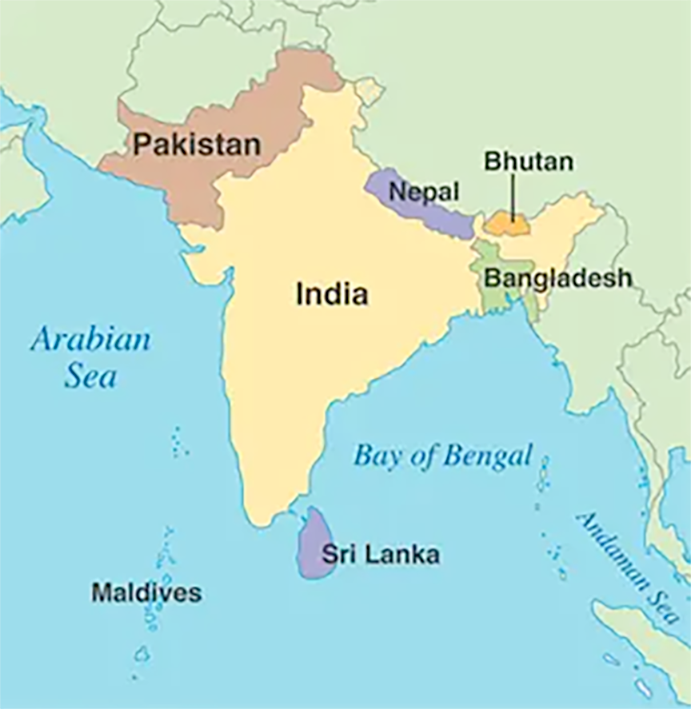 image of the Maldives, in relation to the Indian sub-continent with all the countries of the subcontinent marked