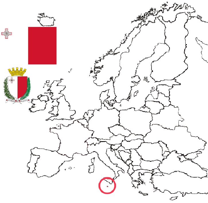 image of Malta, in relation to Europe with Malta in Red and the arms and flag of Malta inset