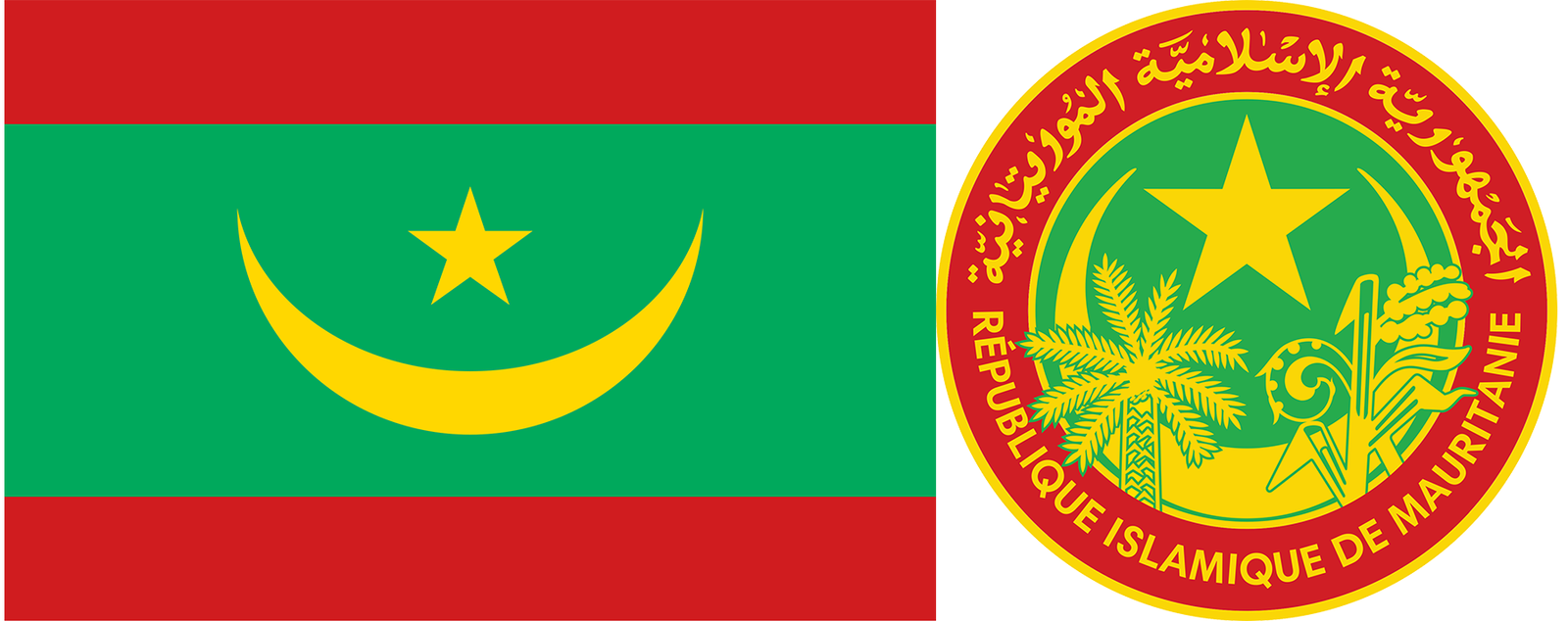 The flag and coat of arms of Mauritania.