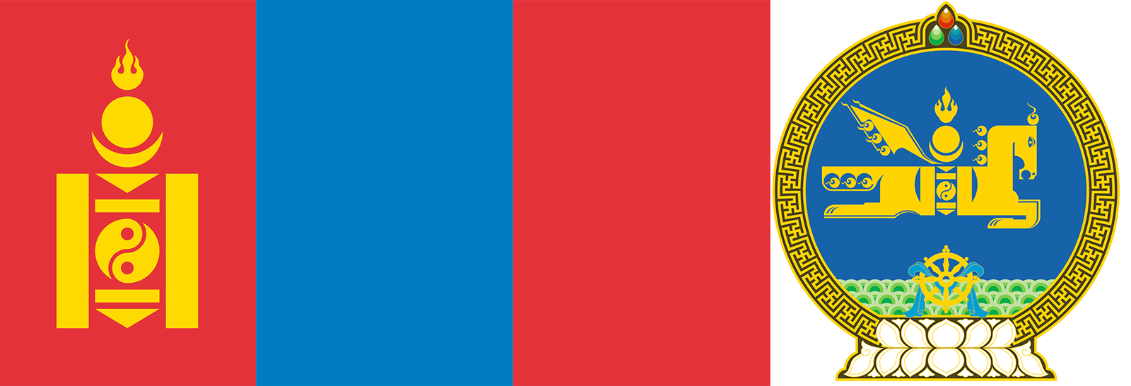 The flag and emblem of Mongolia.